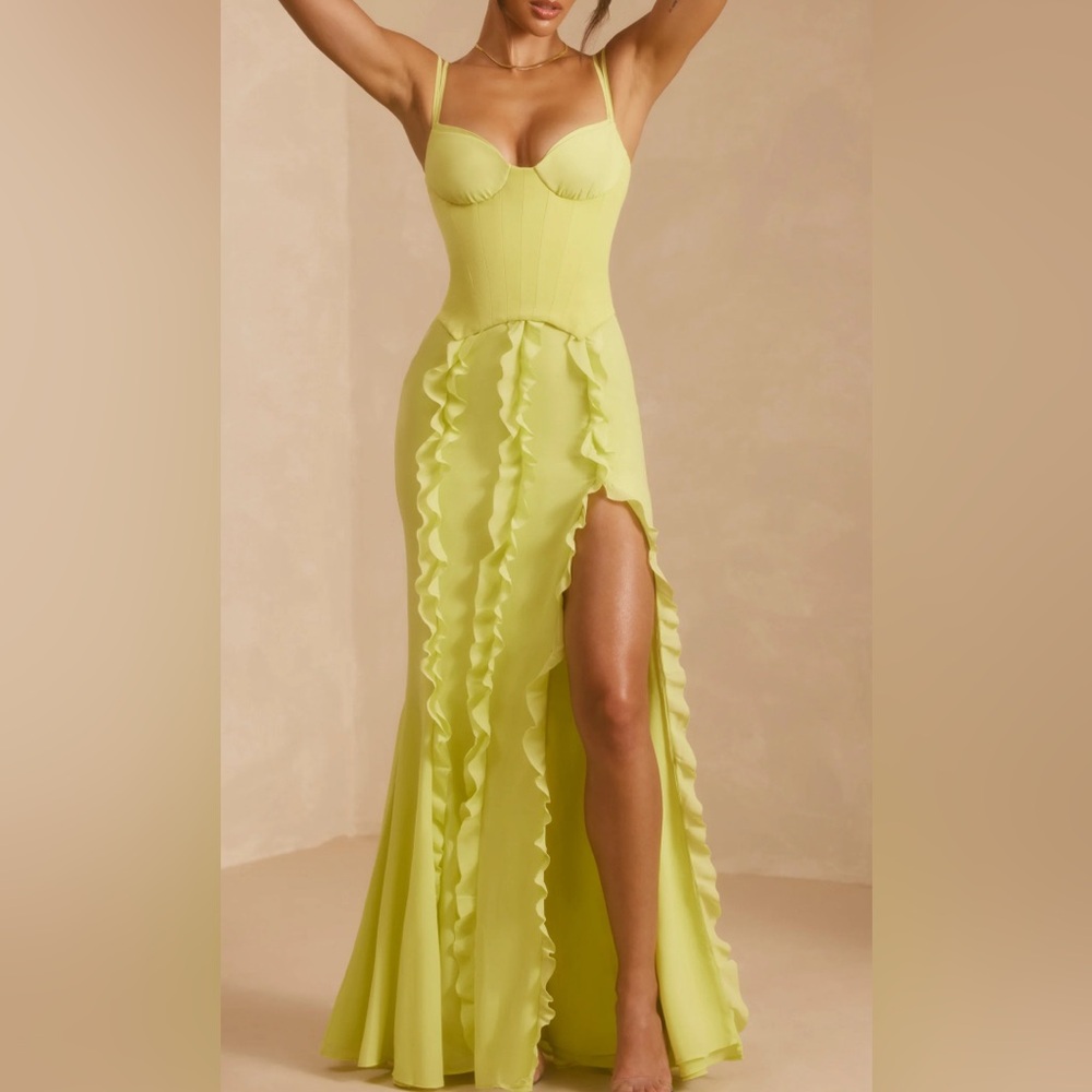 Oh Polly Perrine Corset Frill Skirt Maxi Dress in Lime Green